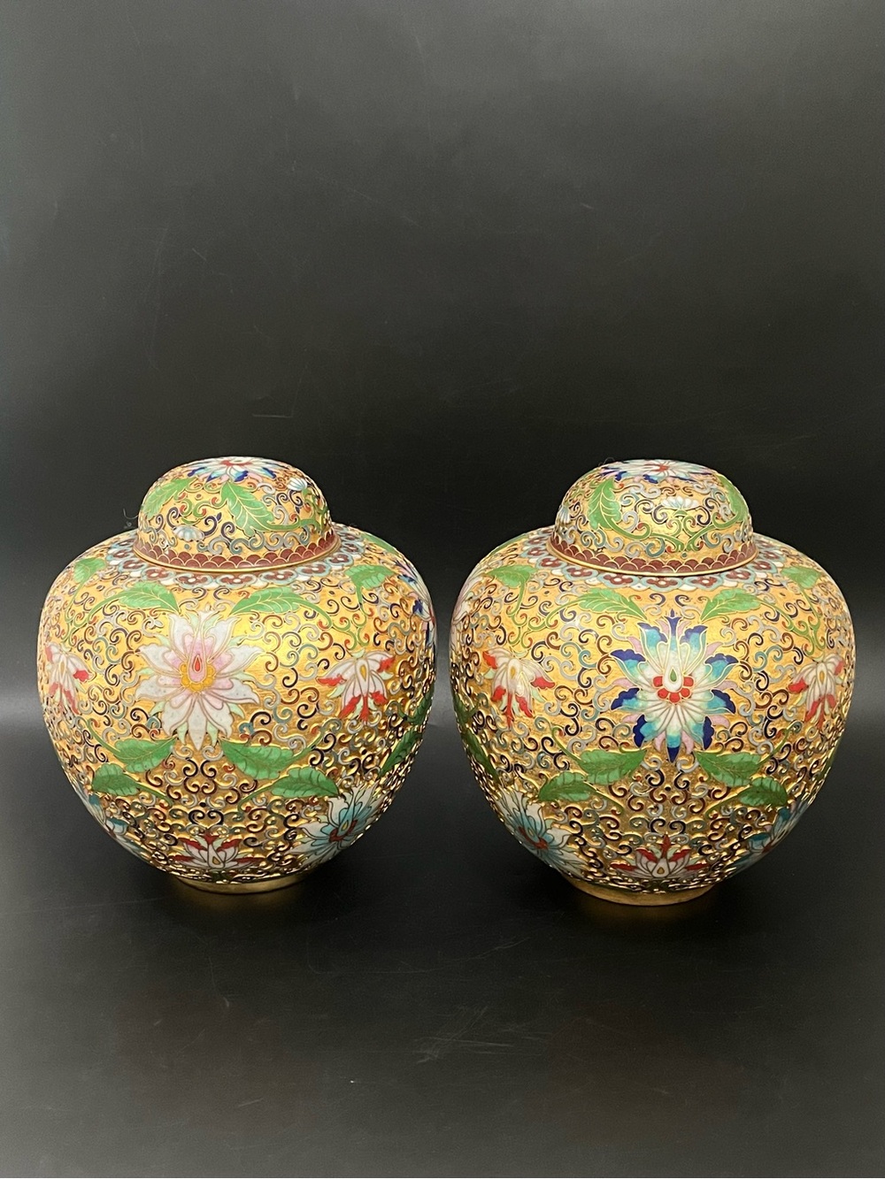 Pair of Chinese Cloisonne Champleve Enameled Gilded Floral Ginger Jar w/ Lid 7"
